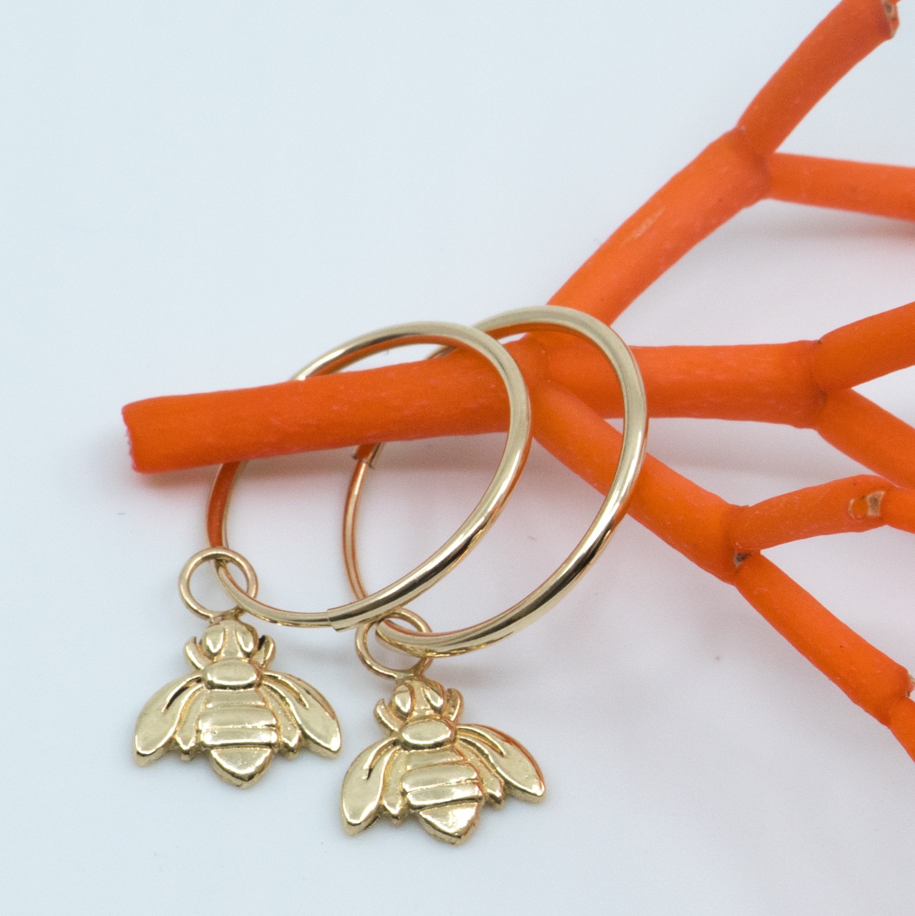 14K Gold Bee Charm and Hoop Earrings 